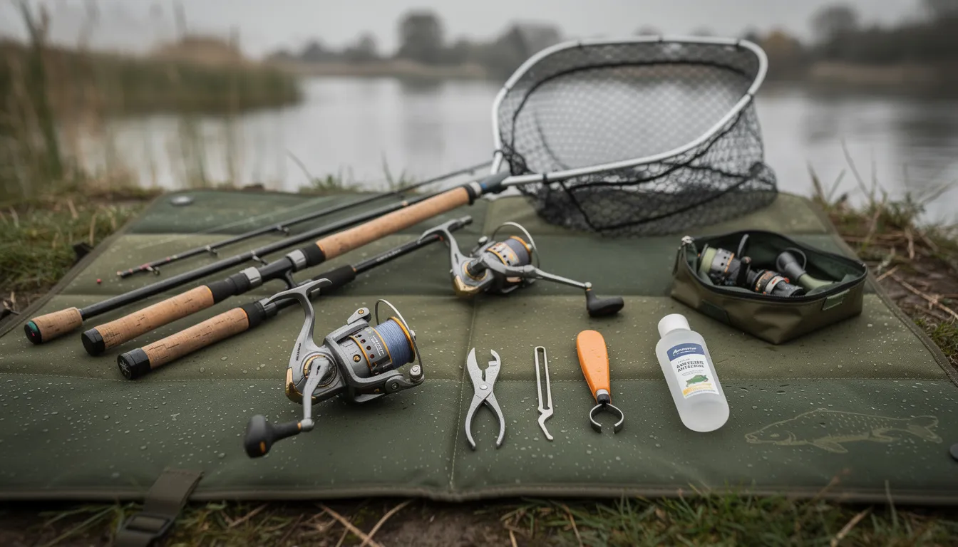 Na macie karpiowej rozłożony jest profesjonalny sprzęt wędkarski, idealny do techniki "złów i wypuść". W tle widać wysokie drzewa, co tworzy naturalną scenerię dla pasjonatów wędkarstwa.