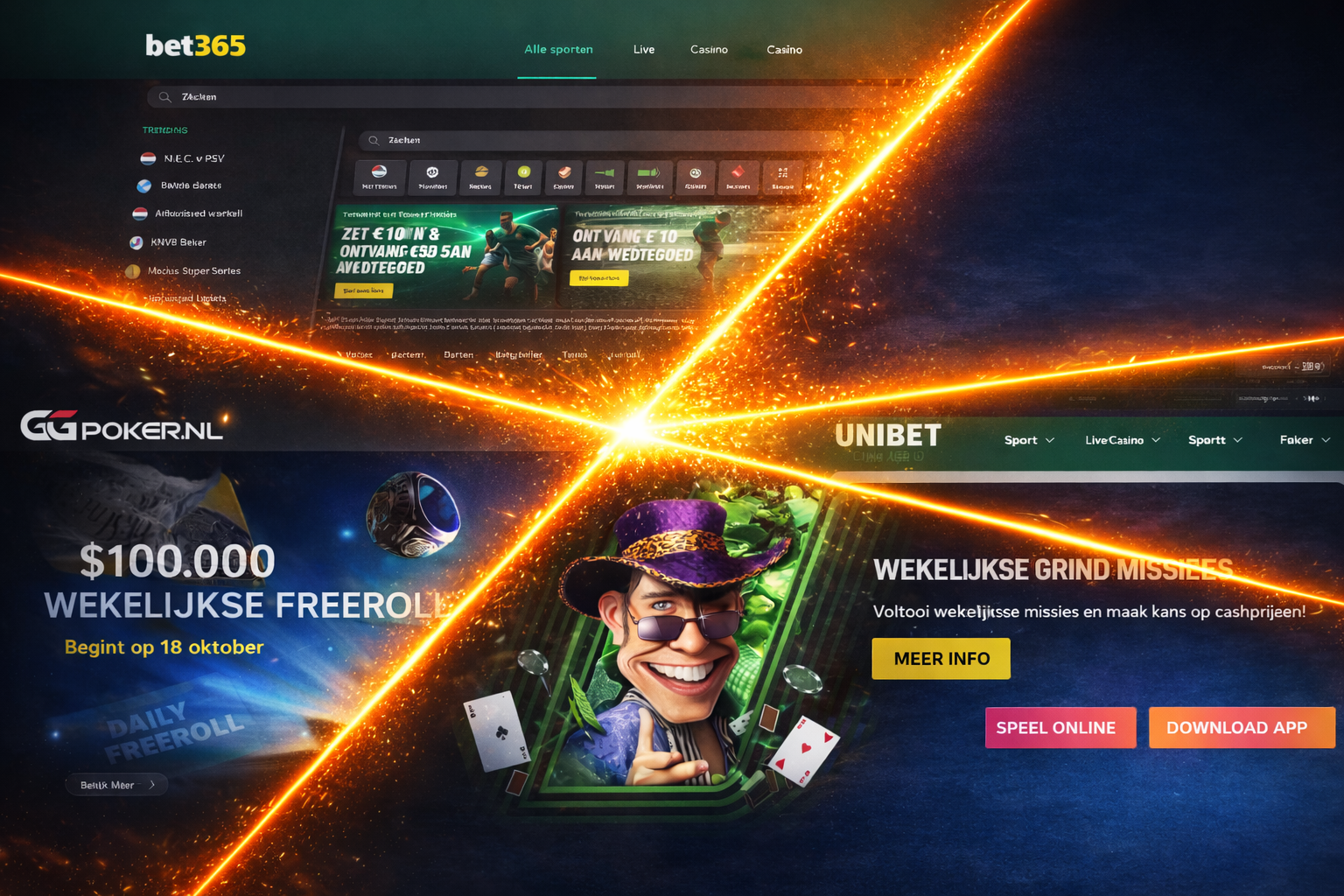 Overzicht van populaire gokplatforms zoals GGPoker, Unibet en bet365, met focus op online poker in Nederland, waar spelers pokervarianten zoals Razz (Seven Card Stud low) kunnen spelen en strategieën gebruiken zoals positie aan tafel en het observeren van tegenstanders.
