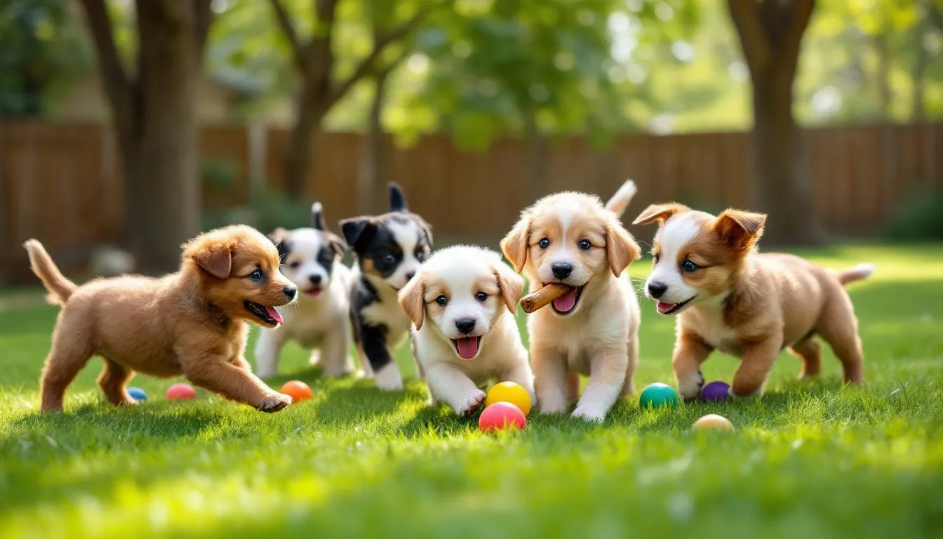 In a safe and supervised environment, a group of young puppies joyfully plays together with colorful toys, showcasing their energy and curiosity. This scene highlights the importance of proper socialization and responsible breeding practices by reputable breeders to ensure healthy and well-adjusted family members.