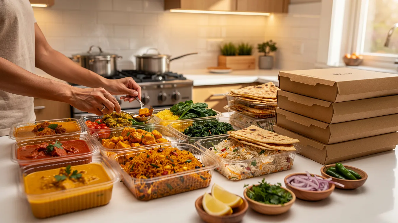 35c21c11 1400 4477 8f98 e0a5458d5e0f The image depicts a vibrant home kitchen where colorful Indian dishes are being carefully plated into delivery containers, showcasing the potential for a successful online food business or catering service. This scene highlights the growing demand for healthy meals and ready-to-eat options, catering to busy professionals and health-conscious consumers.