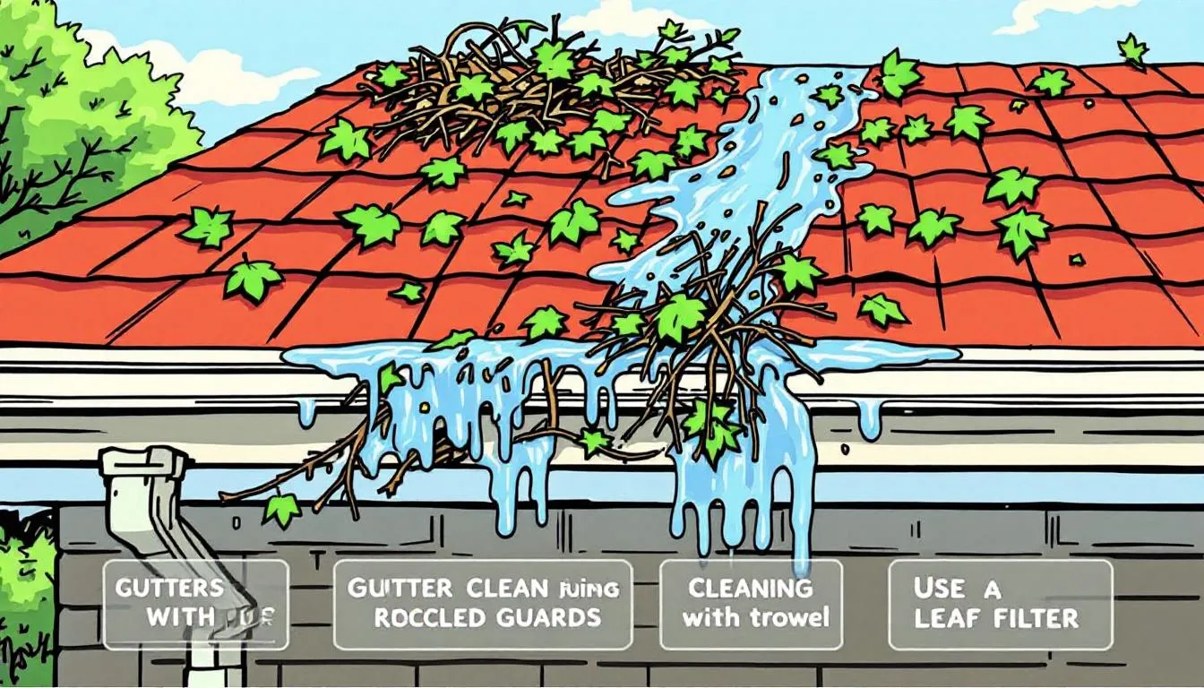 Visual representation of clogged gutters and prevention methods.