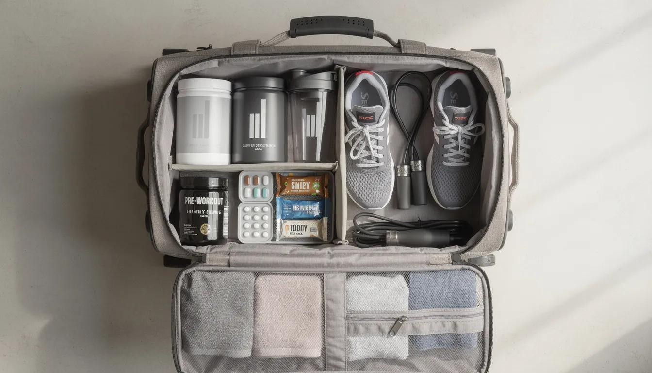 The image depicts a neatly packed travel bag filled with fitness accessories and dietary supplements, including protein powder and creatine powder in their original packaging. This arrangement is ideal for those traveling internationally, ensuring compliance with TSA regulations regarding carry-on luggage and powder-like substances.