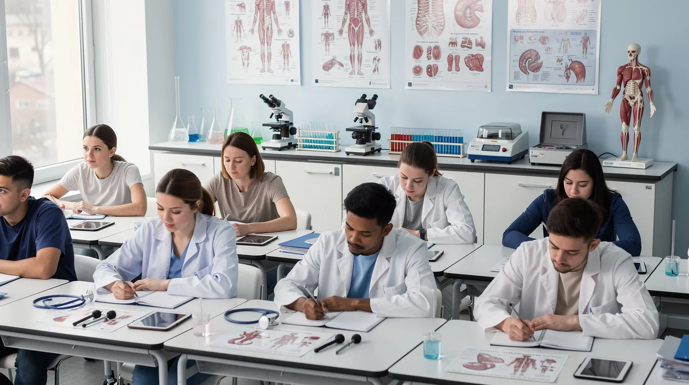 The image depicts students sitting at desks in a medical training classroom, engaged in their studies with various lab equipment visible, preparing for a career as pharmacy technicians. This environment reflects the educational setting where they learn essential skills and knowledge for pharmacy technician certification and patient care.