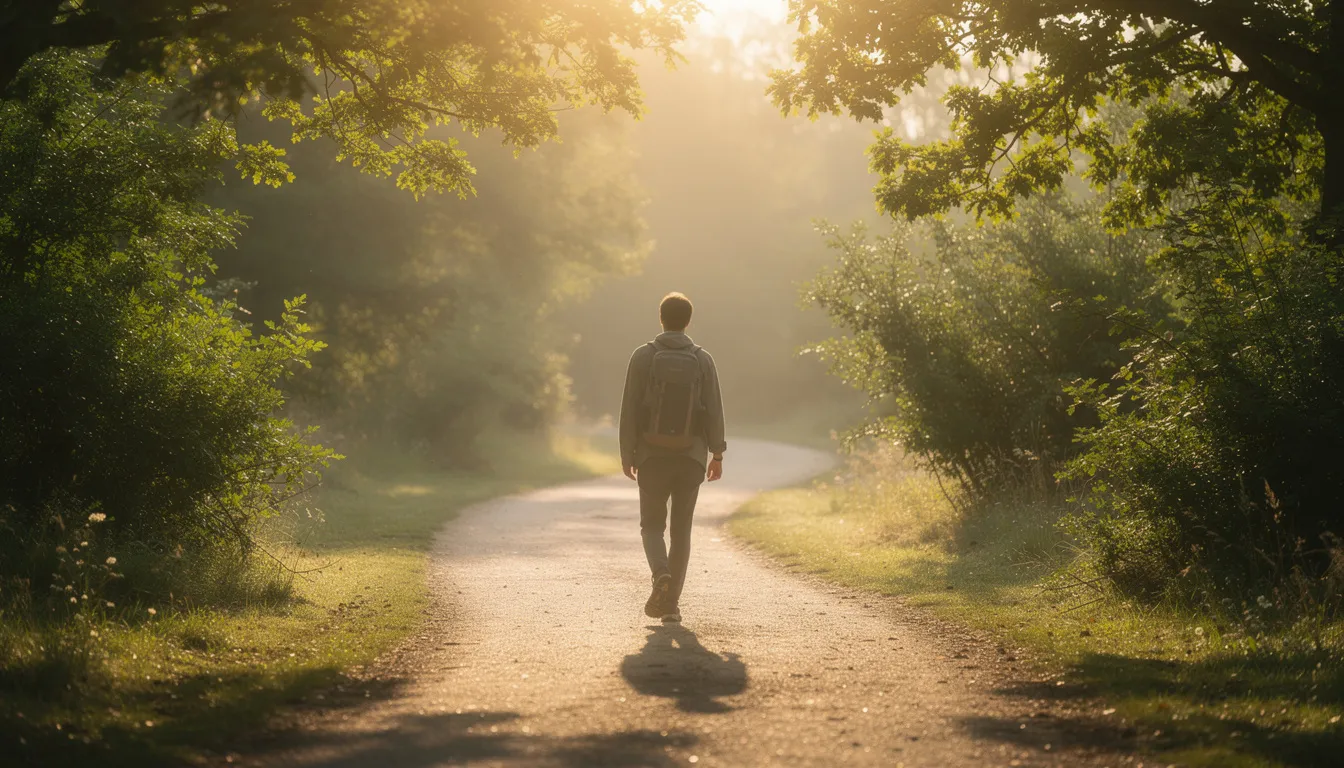 A person is walking outdoors on a nature path, basking in the warm morning sunlight, surrounded by greenery. The scene conveys a sense of tranquility and promotes the idea of maintaining mitochondrial health through an active lifestyle.