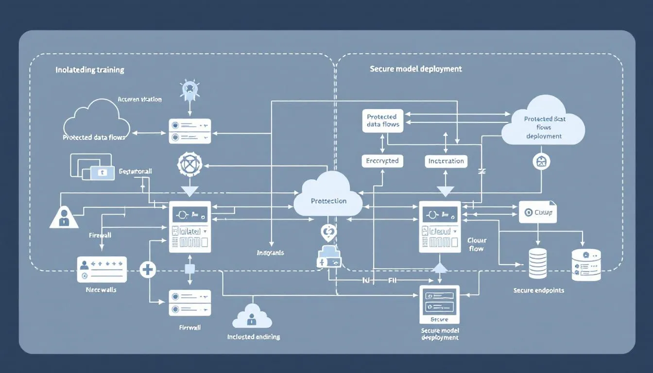The image depicts a network diagram illustrating a secure AI development pipeline, featuring isolated training environments and protected data flows to safeguard sensitive data. It emphasizes the importance of zero trust security principles and robust protection measures to mitigate AI security risks and ensure the integrity of AI systems.
