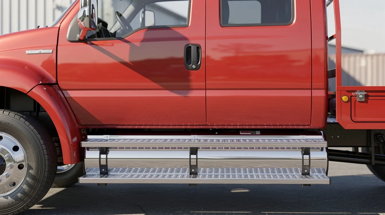 A close-up view of a red medium-duty truck cab, highlighting the driver door and shiny chrome step bars. This truck features modern amenities, possibly related to forestry bucket trucks, showcasing its robust design suitable for various tasks.