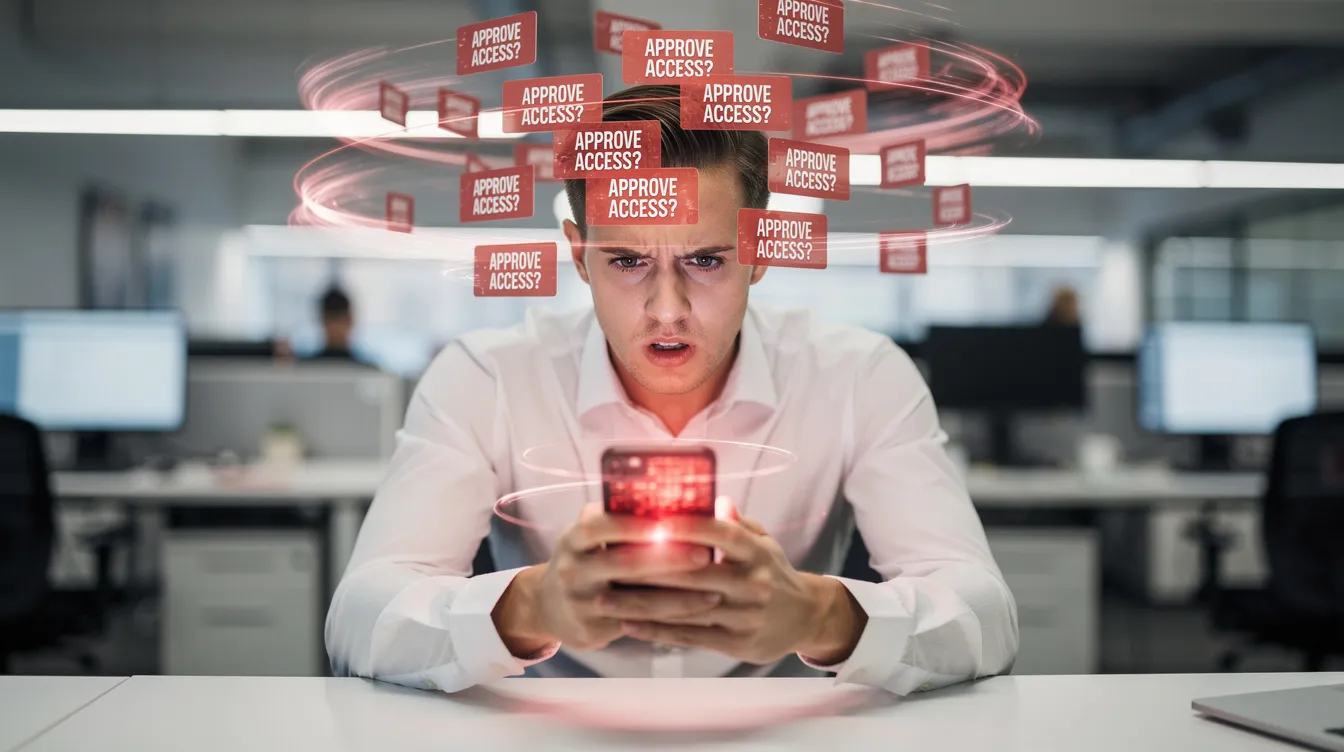 A low-angle shot captures an office worker in a crisp white shirt, appearing overwhelmed as they sit at a desk surrounded by swirling red 'APPROVE ACCESS?' notification pop-ups from their buzzing smartphone. The chaotic scene reflects the stress of multi-factor authentication (MFA) requests, emphasizing the challenges users face in preventing MFA bypass attacks and maintaining security.
