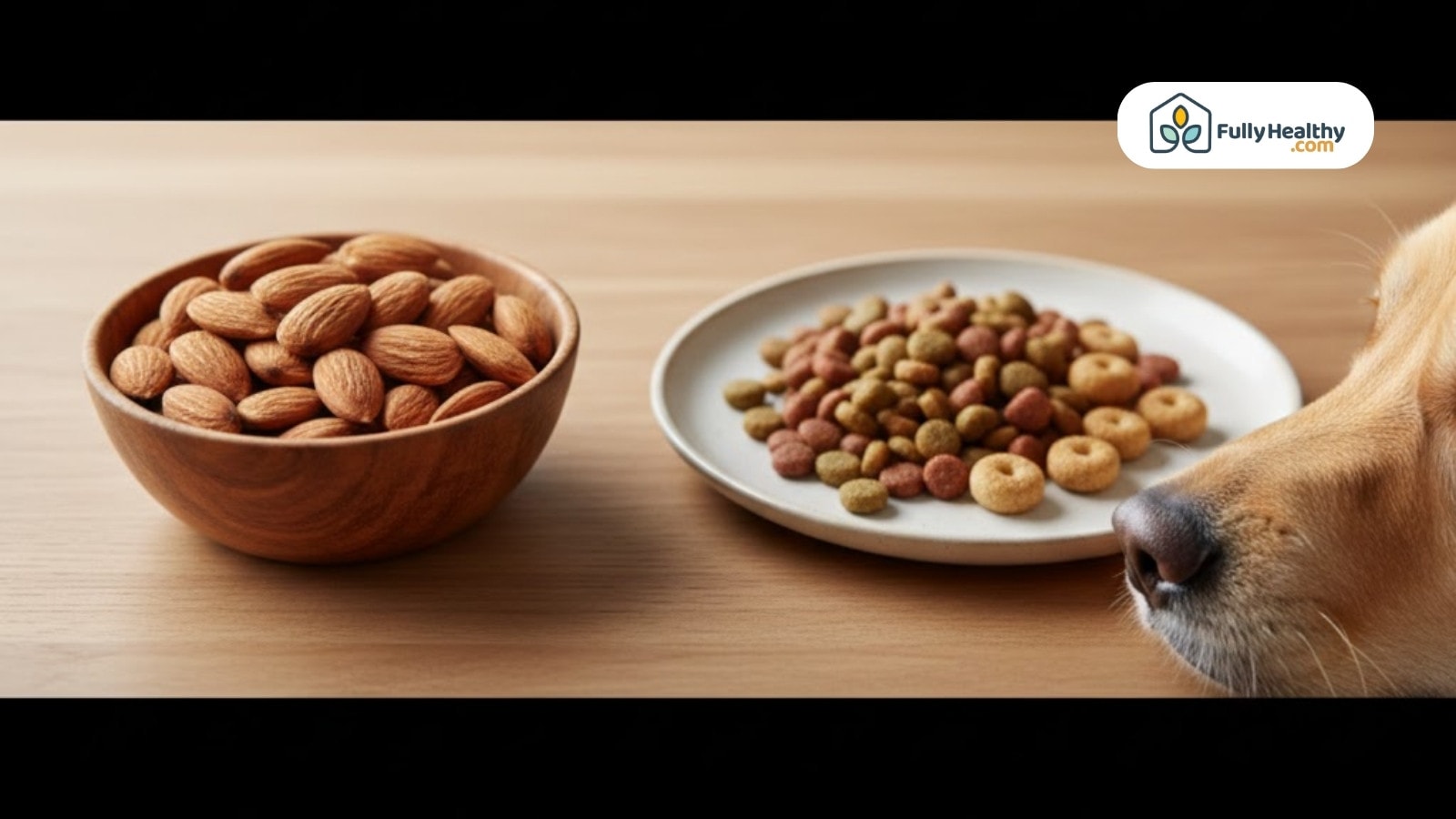 Almonds beside dog kibble plate with curious dog sniffing nearby