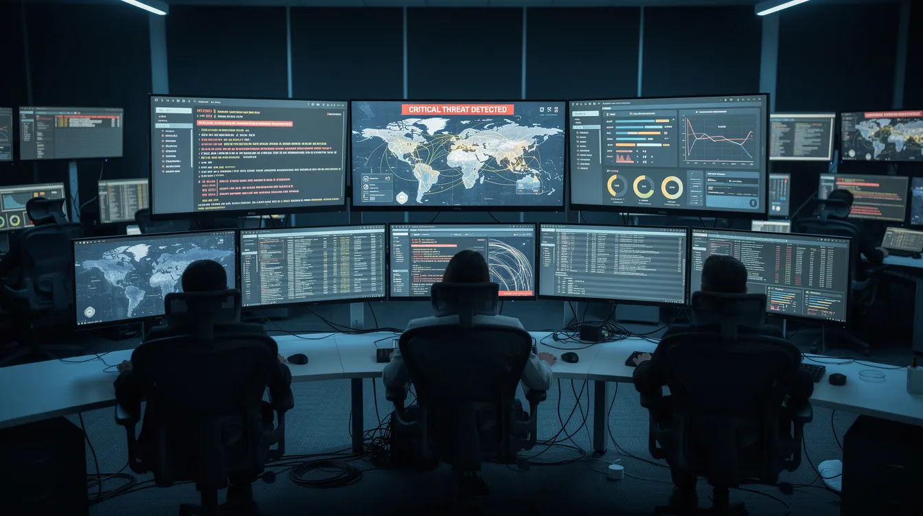 SIEM and Security Awareness Training: How ERPSM Builds a Modern Human‑Centric SOC 5 The image depicts a modern security operations center featuring multiple monitors that display various network dashboards and alert screens, showcasing real-time monitoring of security events and incidents. Security analysts are engaged in managing security data and threats, utilizing advanced SIEM solutions to enhance the organization's overall security posture.