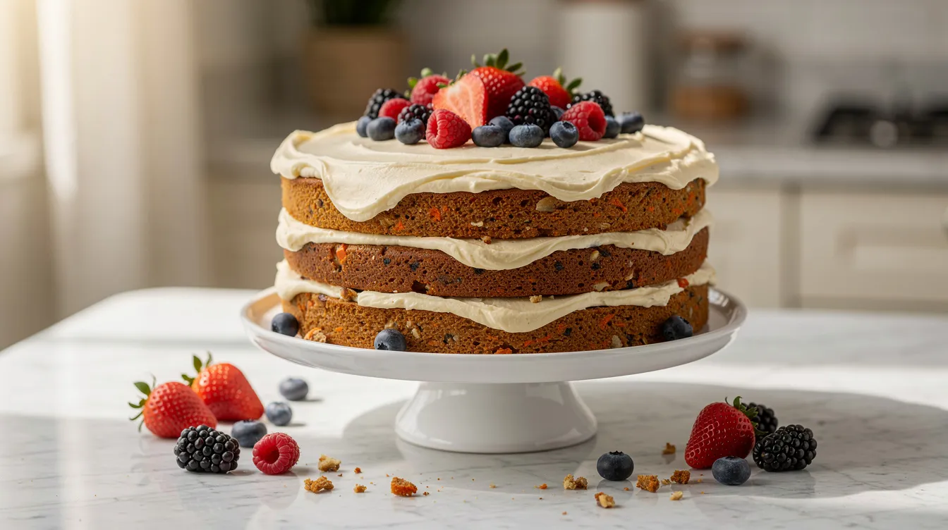 A beautifully layered carrot cake sits on a cake stand, topped with smooth cream cheese frosting and adorned with fresh berries, making it a perfect centerpiece for an Easter dinner or brunch. This delightful dessert adds a delicious touch to any holiday table, showcasing fresh flavors and seasonal ingredients.