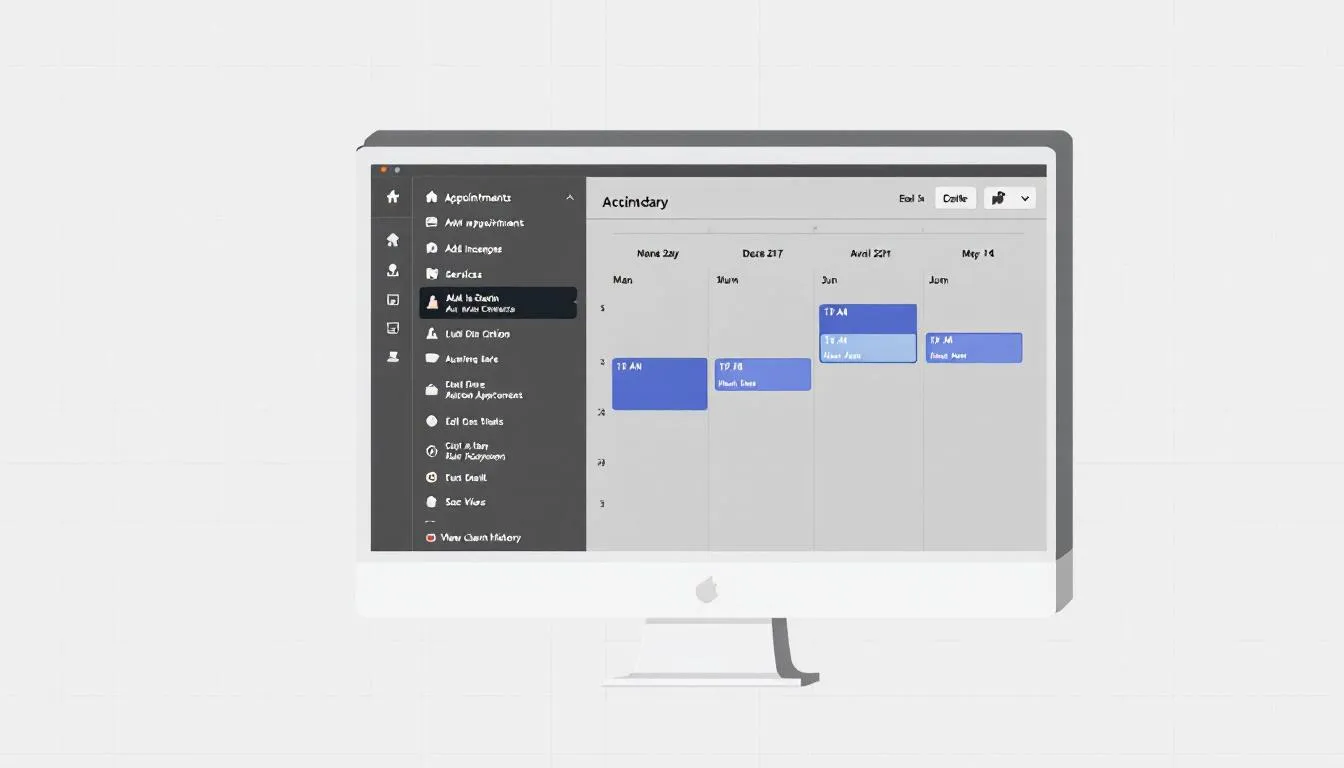 La imagen muestra una pantalla de computadora con un software de gestión de citas para salones, donde se pueden ver reservas de clientes, recordatorios automáticos de citas y opciones para enviar mensajes de texto y correos electrónicos. Este sistema ayuda a organizar la programación de citas y a reducir inasistencias en peluquerías y centros de belleza.
