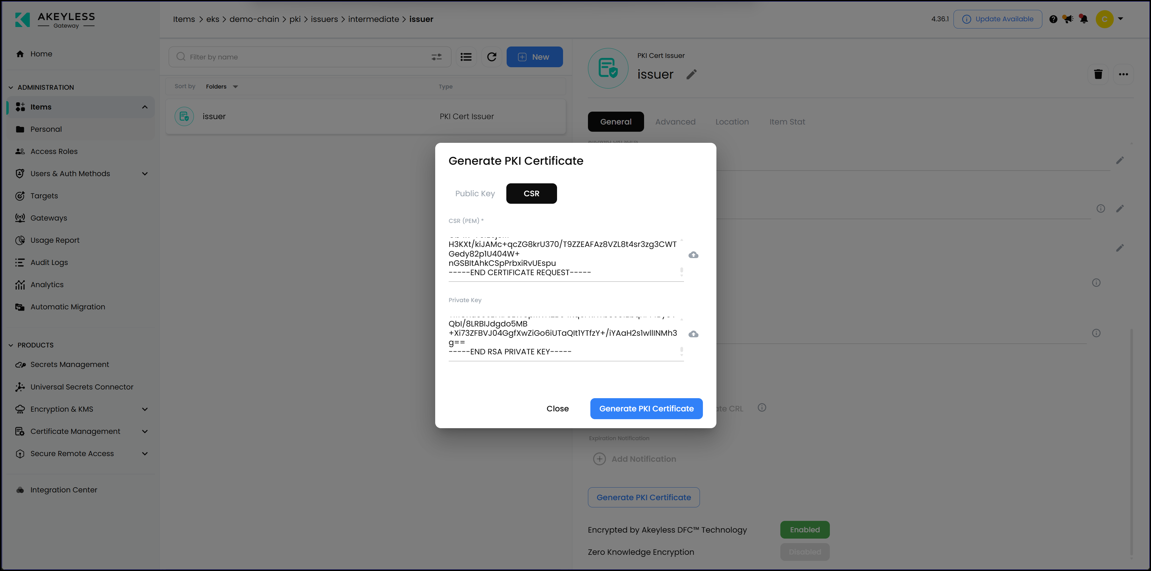 Generating PKI certificate in Akeyless with a full chain of trust