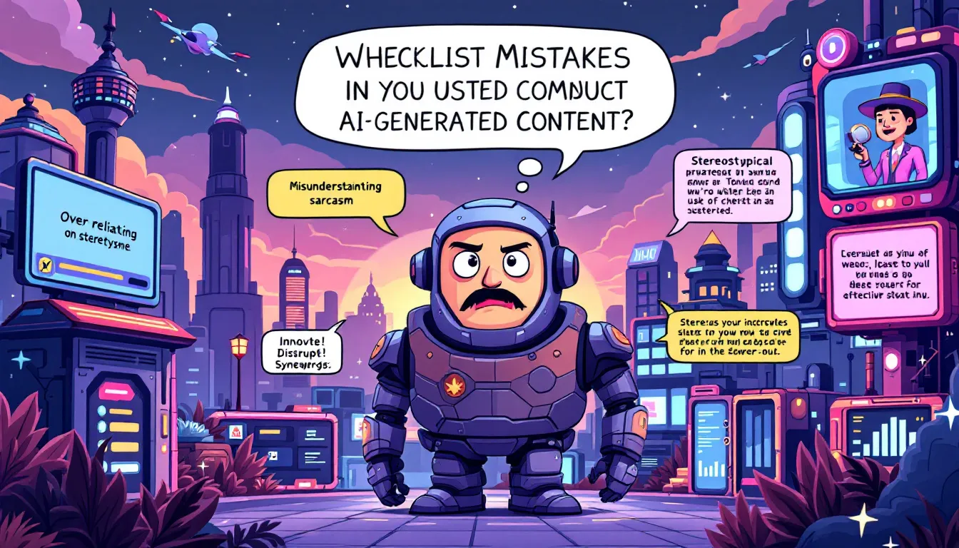 An illustration of common mistakes in AI-generated content with a checklist.