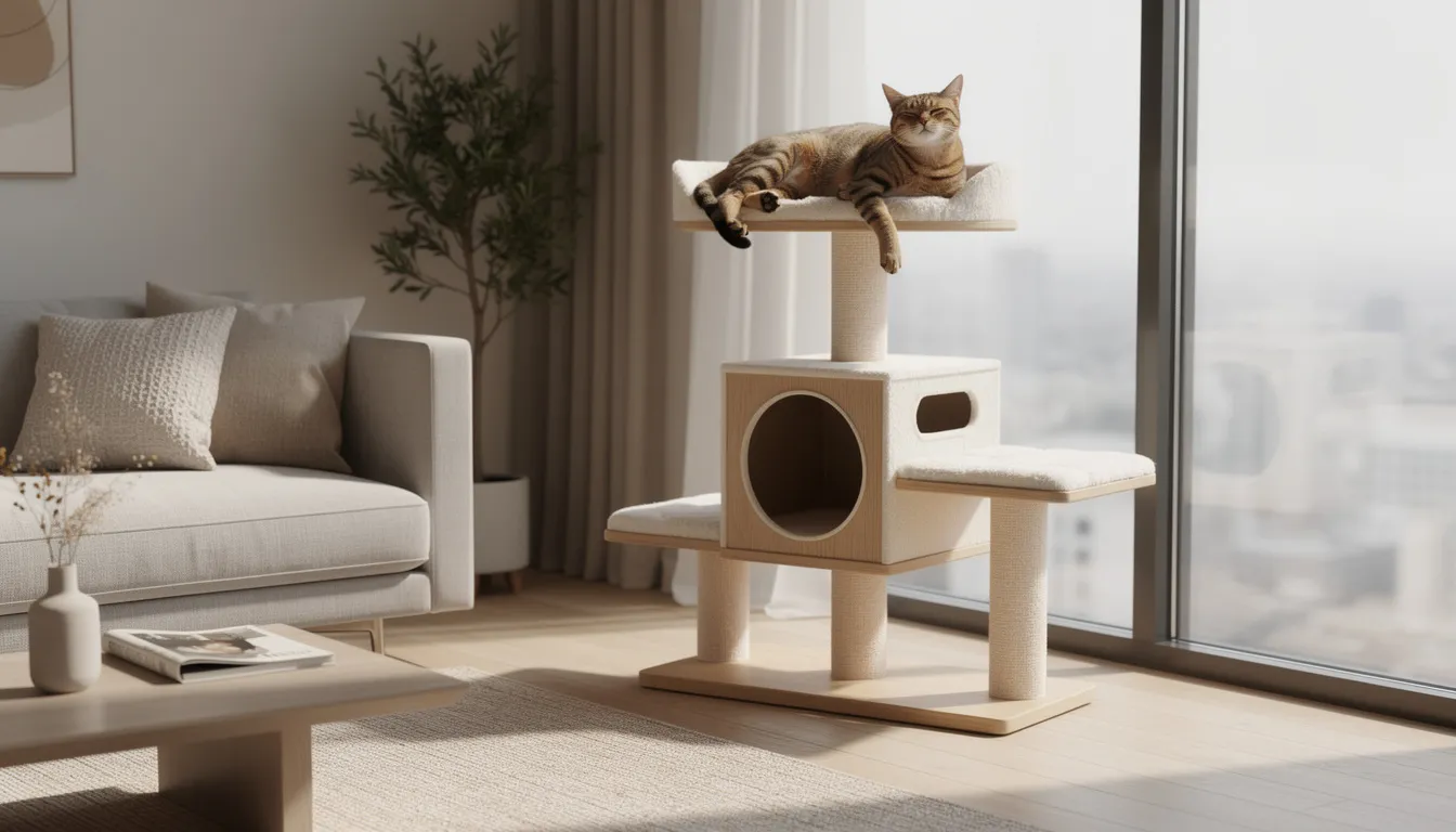 A stylish living room features a modern cat tree, where a happy adult cat lounges comfortably on a cozy perch. The scene showcases a harmonious environment for healthy cats, highlighting the importance of a safe space for pets.