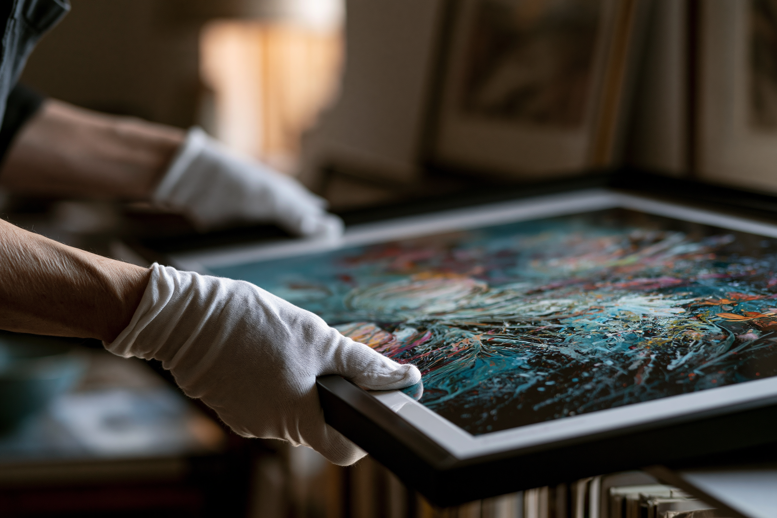 A pair of hands, wearing cotton gloves, carefully lifts a framed fine art print by its edges in a bright, minimalist interior, highlighting the vibrant colors and intricate details of the artwork. This image emphasizes the importance of handling fine art prints with care to prevent damage and ensure their longevity in stable environments.