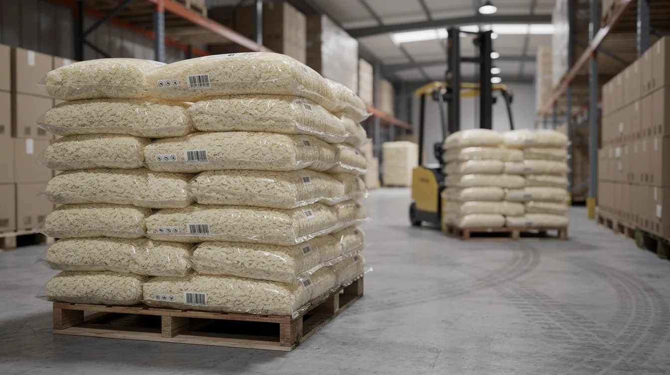 35ccdbe6 7b90 4911 8195 db687af93e38 The image shows stacked bags of processed rice flakes, also known as flattened rice, in a warehouse setting, with a forklift positioned in the background. This scene highlights the storage aspect of the manufacturing process, showcasing the ready-to-eat product that is essential for businesses catering to the food market.