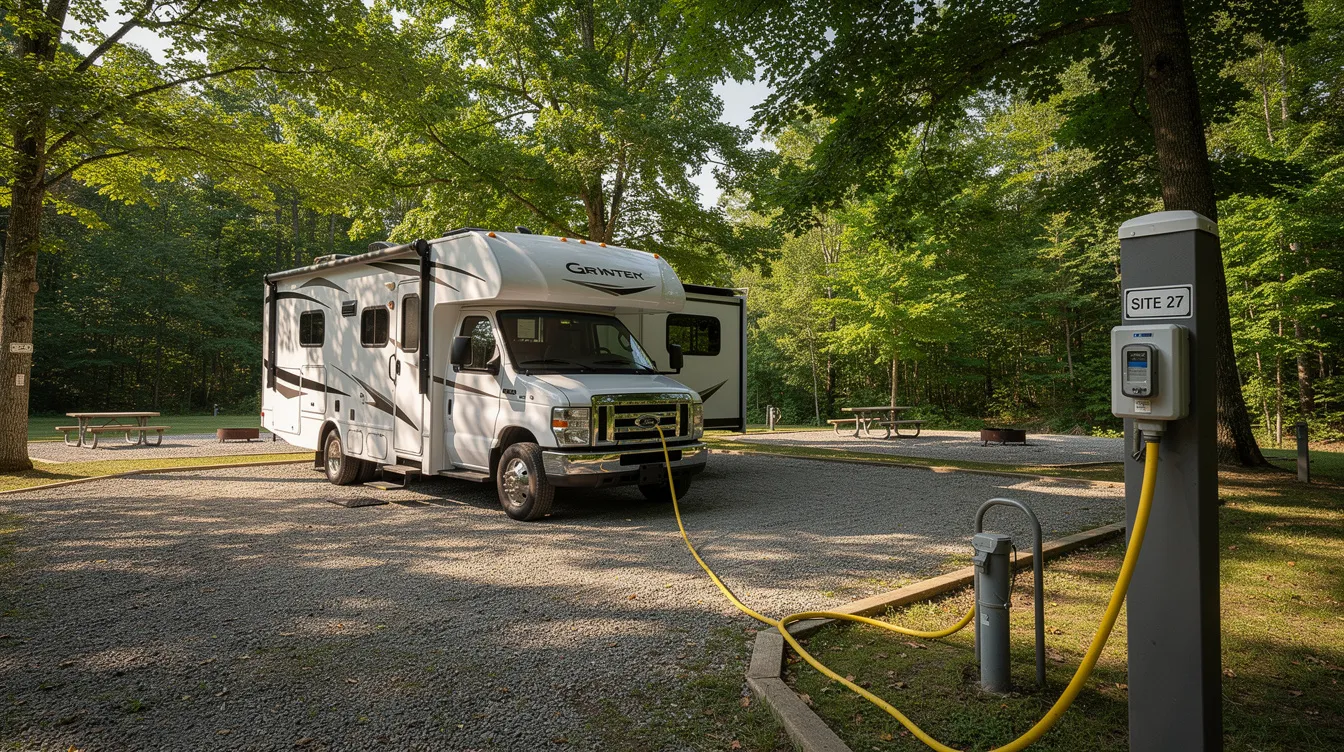 An RV is parked in a shaded campsite, with a nearby electrical hookup post providing campground power. The scene suggests a comfortable setting for enjoying cool air from the RV's air conditioning unit, which may include components like the compressor and fan motor for efficient operation.