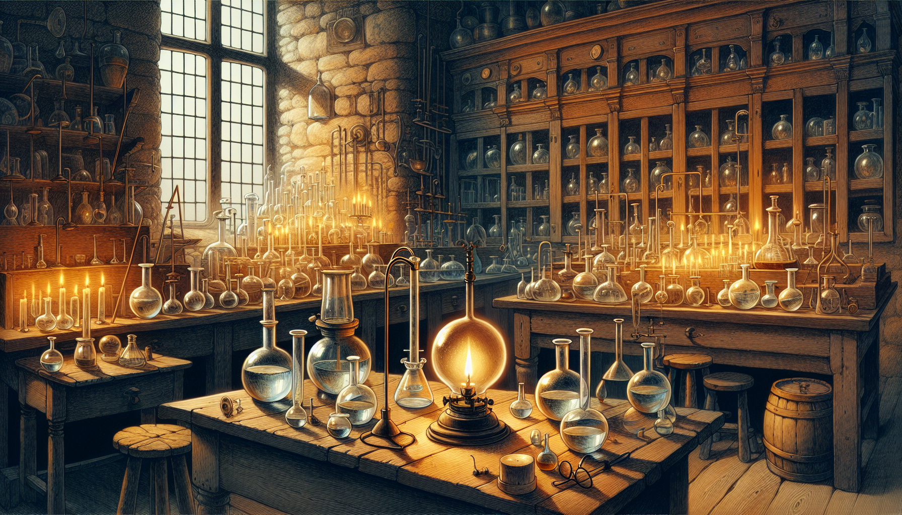 Illustration of a historical laboratory with scientific equipment and glassware