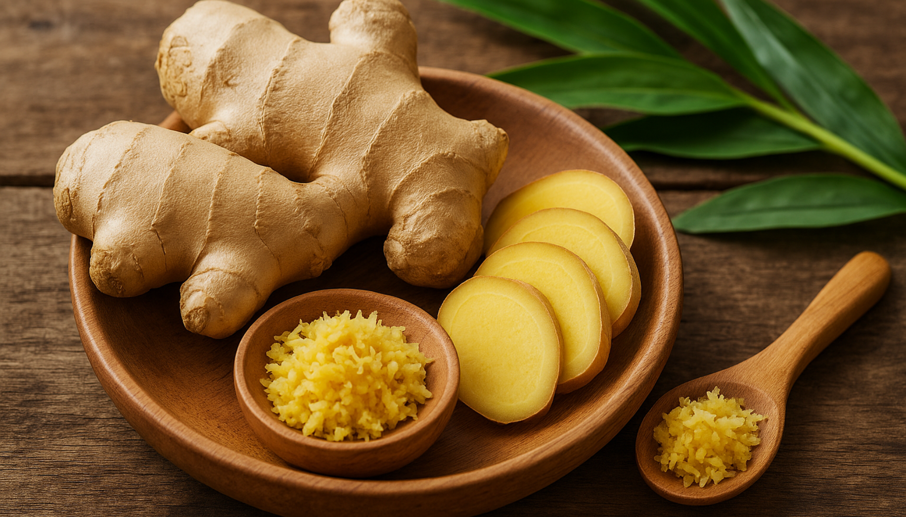 Fersk ingefær med skiver og revet rot på trebord omgitt av grønne blader i naturlig lys.