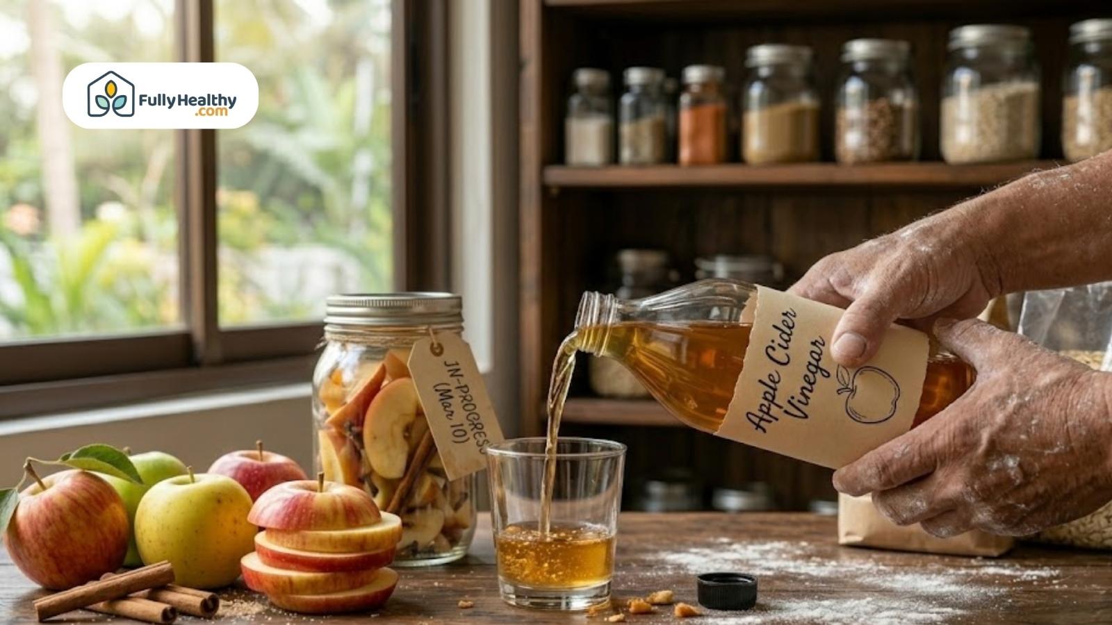 Apple cider vinegar poured into glass with apples and cinnamon