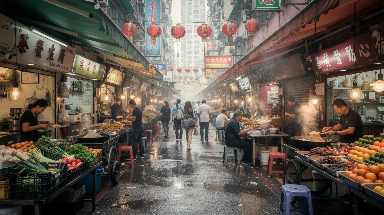 圖片展示香港熱鬧的街市,充滿小店和餐廳,展現本地中小企業的生氣勃勃。這場景反映中小企業在社區中扮演的重要角色,於日常繁忙中茁壯成長。