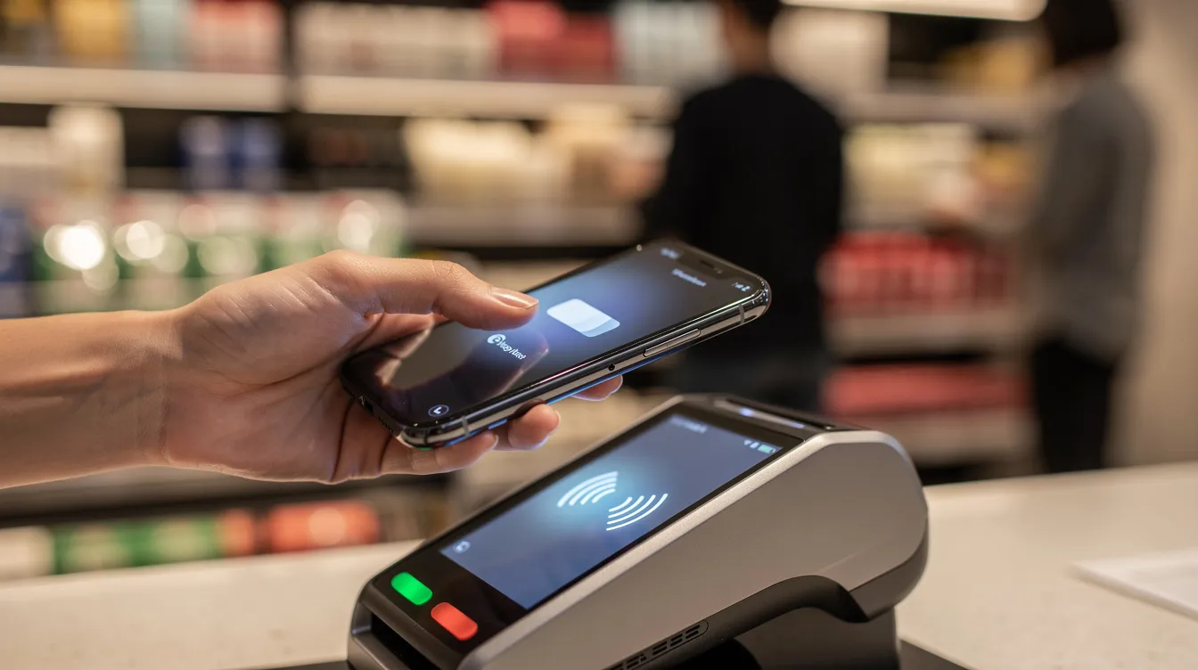 A person is using their smartphone to tap on a contactless payment terminal in a retail store, demonstrating a quick and convenient way to process payments. This method reflects the growing trend of digital wallets and alternative payment methods, allowing customers to complete transactions effortlessly.