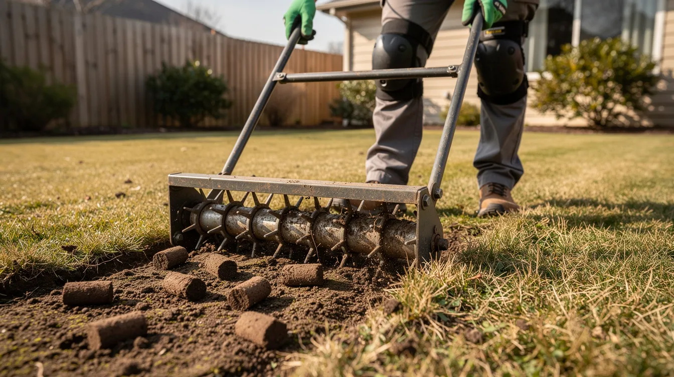 A gardener is using a hollow-tine aerator to improve the soil of an existing lawn, creating holes to allow air, water, and nutrients to reach the roots. This lawn care technique helps to promote healthy grass growth and can prepare the ground for sowing grass seed in the spring.