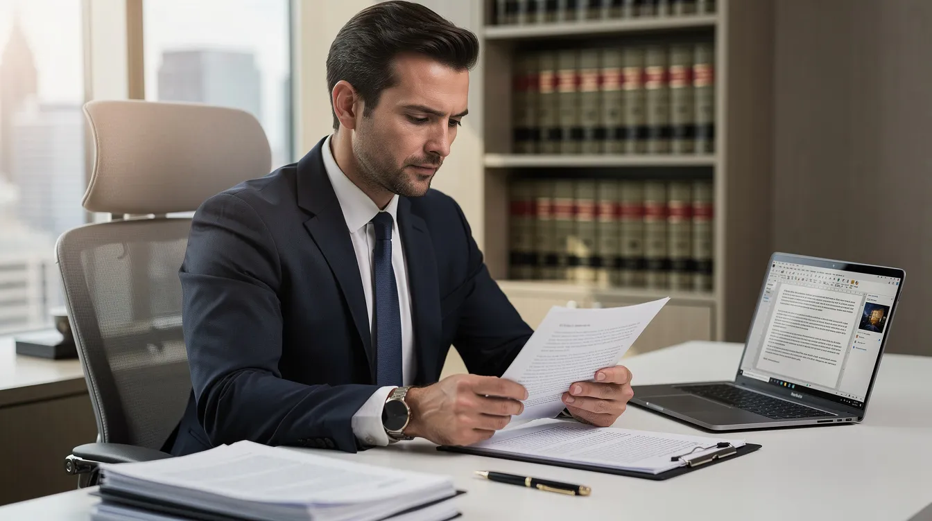 An attorney is seated at a desk, reviewing legal documents next to a laptop, focused on ensuring compliance and managing the legal complexities involved in venture capital transactions for emerging growth companies. The image captures the essence of legal services provided by law firms to venture capital firms and investors in structuring deals and navigating financing documents.