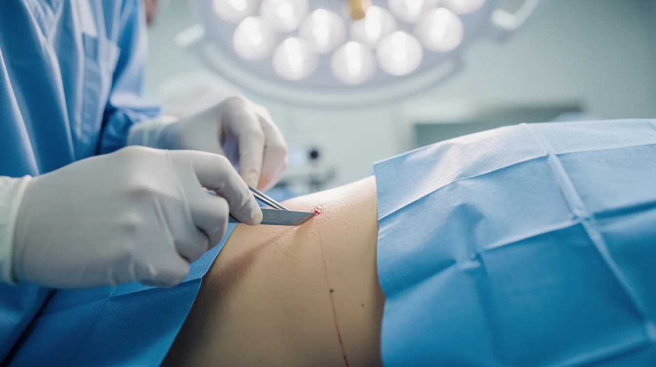 The image depicts a surgeon's hands skillfully making a precise incision on the skin in a bright operating room, highlighting the surgical technique used in scar revision surgery to treat various types of scars, including hypertrophic and keloid scars. This meticulous process is essential for improving the appearance of scars and promoting effective wound healing.