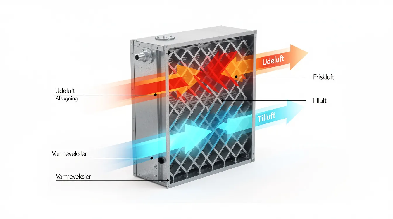 Billedet viser en varmeveksler i et moderne ventilationsanlæg, hvor luftstrømmenes krydsning er tydeligt synlig. Dette anlæg er designet til at sikre et sundt indeklima med høj varmegenvinding og effektiv ventilation.
