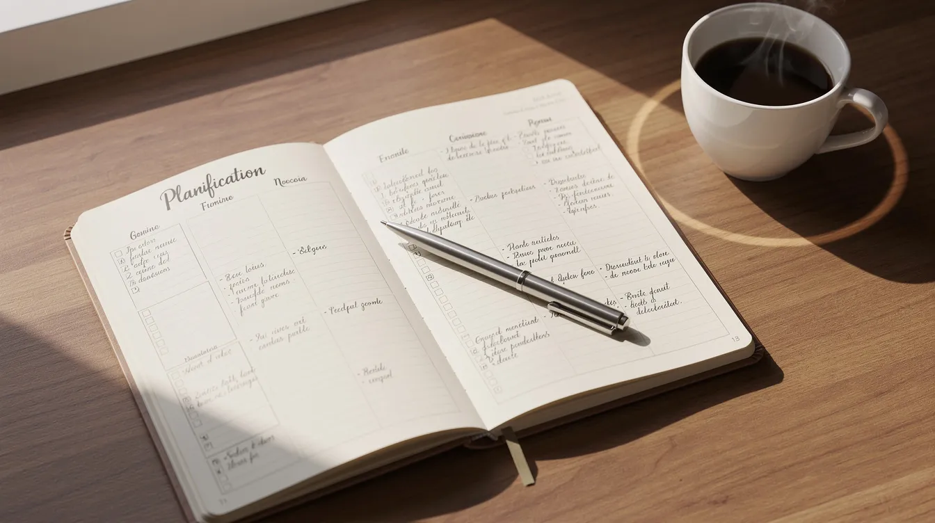 L'image montre un agenda ouvert sur un bureau en bois, accompagné d'un stylo et d'une tasse de café, représentant la planification essentielle pour devenir un leader efficace. Cet environnement de travail évoque l'organisation et la stratégie nécessaires pour atteindre des objectifs de performance au sein d'une équipe.