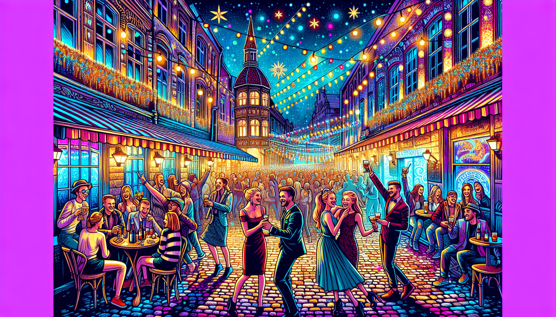 En festlig illustration af Rigas nattelivsscene under en herretur.