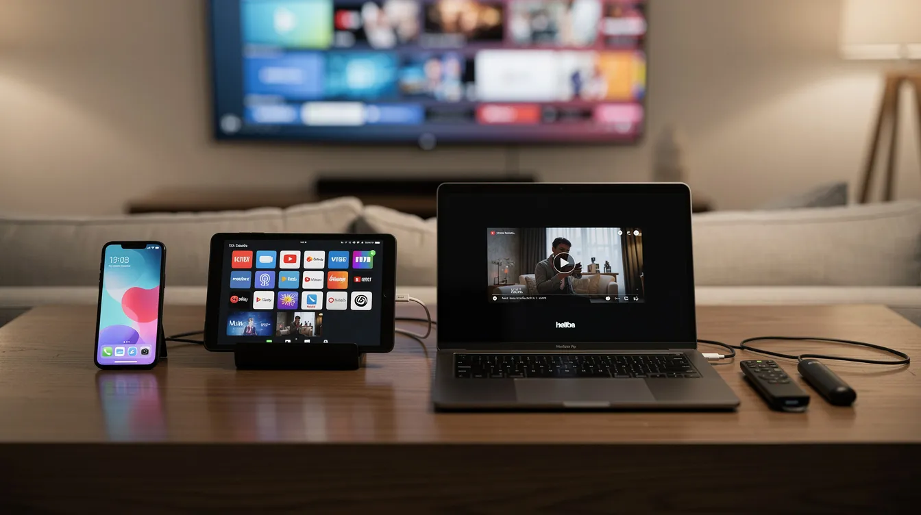 The image features multiple streaming devices including a smartphone, tablet, laptop, and a streaming stick, all arranged neatly on a desk, with a TV displaying content in the background. This setup showcases the convenience of internet protocol television (IPTV) services for watching live TV channels and on-demand content across various devices.