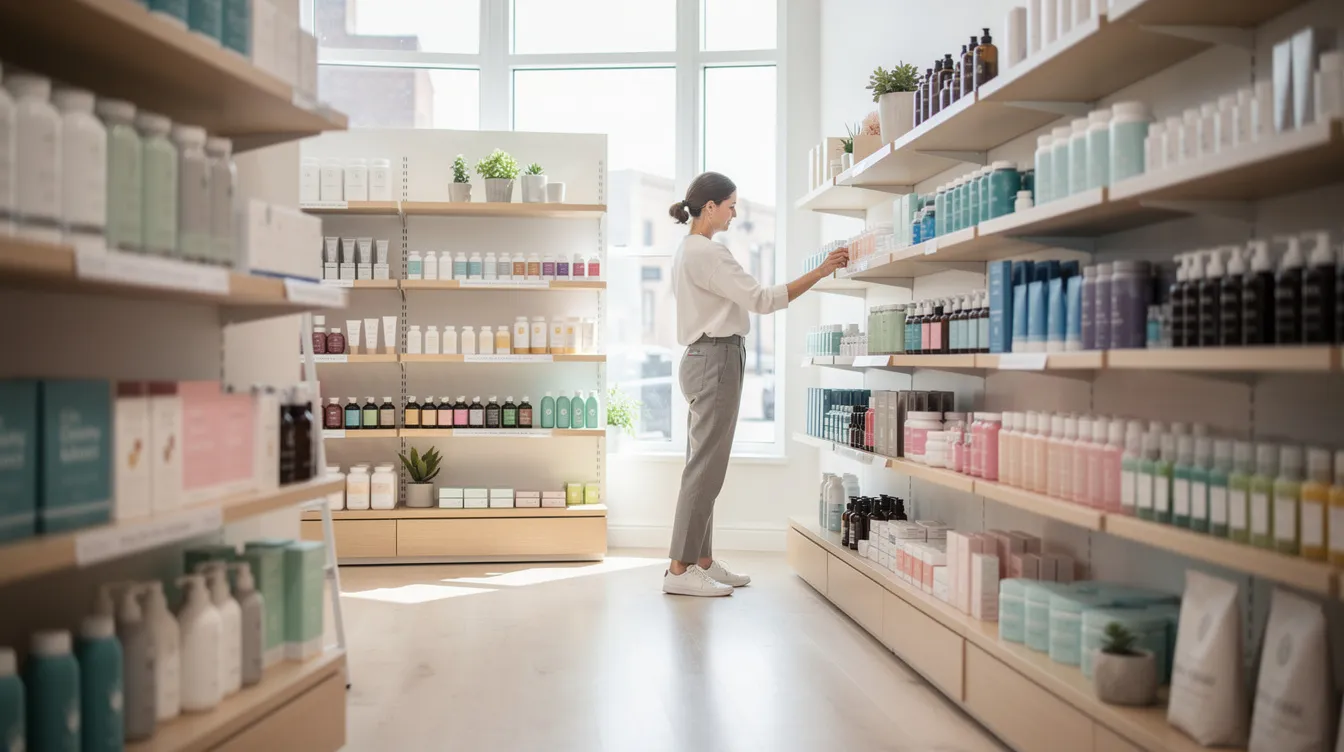 The image shows a person browsing a variety of hemp-derived CBD products on neatly arranged shelves in a modern wellness store, highlighting the growing interest in CBD oil and its legal status in Georgia. The store's clean design emphasizes a focus on quality control and wellness, reflecting the state's regulations around hemp farming and medical cannabis access.