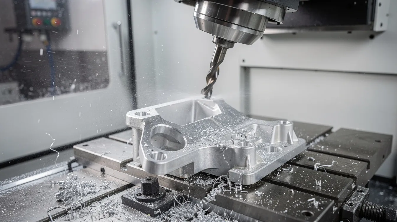 A five-axis CNC machining center is actively cutting a complex aluminum aerospace bracket, showcasing the precision and intricacy of the CNC machining process. This image highlights the advanced capabilities of CNC machining companies in producing high-quality aerospace components with tight tolerances and exact specifications.