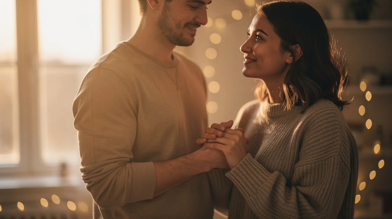 A couple is holding hands in a softly lit setting, radiating warmth and connection, symbolizing intimacy and the comfort of being on the same page in their relationship. This image evokes a sense of love and the potential to explore exciting role play scenarios together.