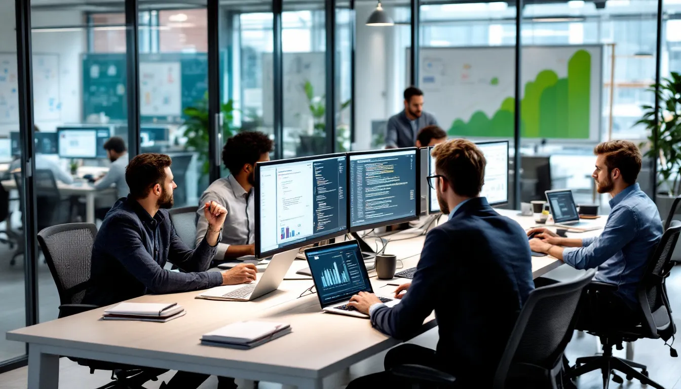 In the image, a diverse group of data engineers collaborates on cloud platforms, utilizing tools like Azure Data Factory and AWS Glue. They are engaged in discussions about data pipelines, data integration, and the complexities of managing data processing units for efficient data transformation and movement.