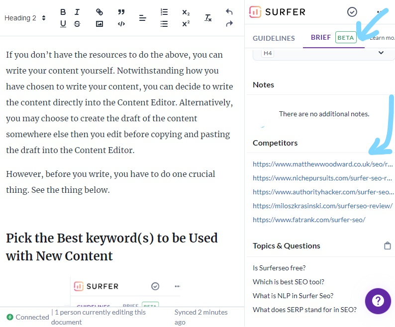 full screen shot of the Brief Beta caption in the sidebar of the right side of the surferseo tool and competitors list below it.