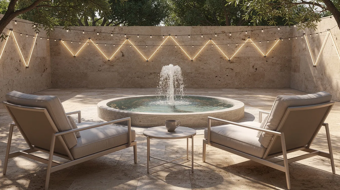 The image depicts a shaded courtyard featuring travertine pavers, a small bubbling fountain as a water feature, and string lights overhead, creating a cozy outdoor living room atmosphere with two cushioned chairs for relaxation. This hardscape design enhances the space's aesthetic appeal and functionality, inviting users to enjoy the natural beauty of their outdoor environment.