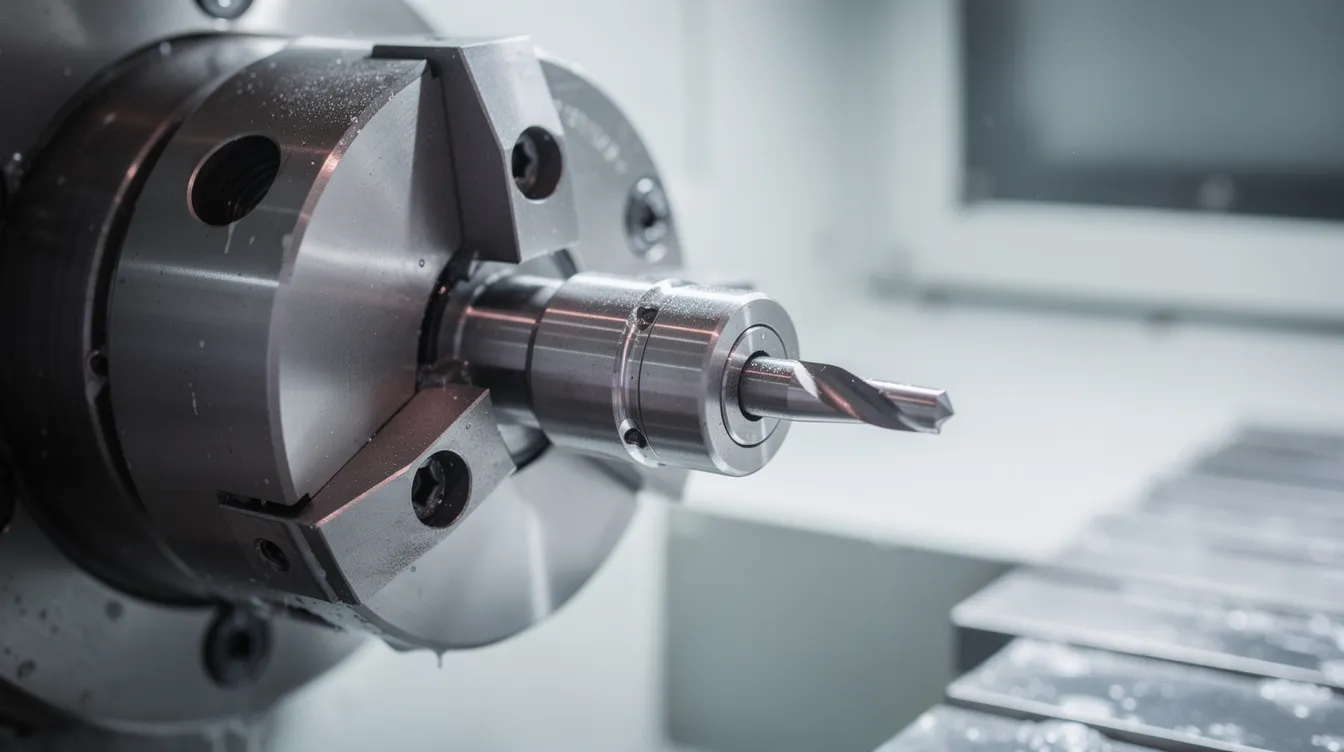 The image shows a close-up view of a CNC machine spindle and tool holder inside a machining center, highlighting the precision components essential for efficient manufacturing operations. This close-up emphasizes the importance of quality CNC equipment and the role of expert technicians in maintaining and repairing these machines to minimize downtime and ensure optimal performance.
