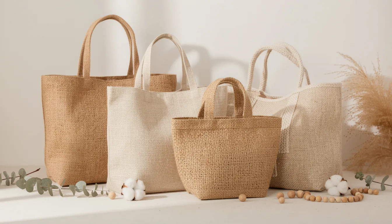 Na jasnym tle znajdują się eleganckie torby jutowe i lniane, ułożone w estetyczny sposób z naturalnymi dodatkami, które podkreślają ich ekologiczny charakter. Te torby ekologiczne są idealnym rozwiązaniem do codziennych zakupów i promują dbałość o środowisko.
