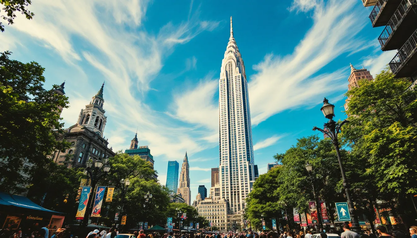 Iconic landmarks of New York City, including Central Park and skyscrapers.