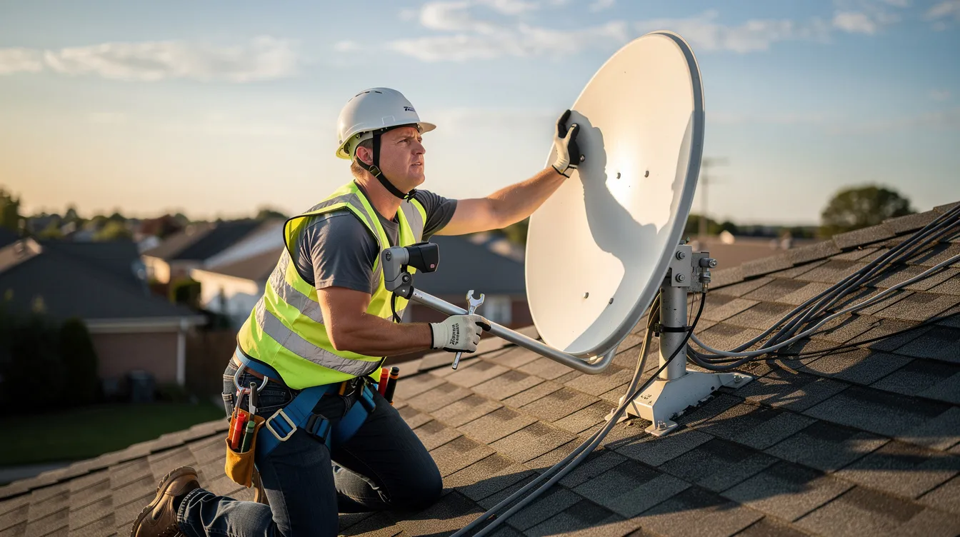 A professional technician is carefully adjusting a satellite dish on a rooftop, ensuring optimal alignment for reliable signal reception. This image highlights the expertise involved in dstv installation services, showcasing the technician's attention to detail in providing a quality setup.