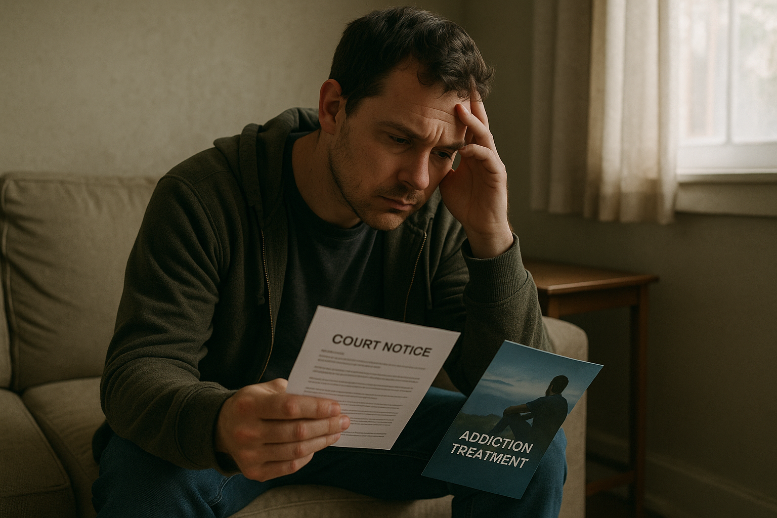 An individual contemplating addiction treatment with a court notice in hand, symbolizing the intersection of pending charges and rehab.