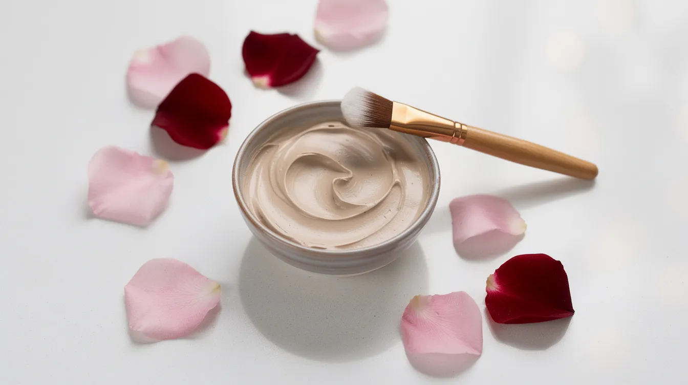 The image features a small bowl of pale clay mask placed next to fresh rose petals and a clean brush, suggesting a natural skincare routine. This setup highlights the benefits of rose water, making it ideal for various skin types, including oily and sensitive skin, while promoting glowing skin.