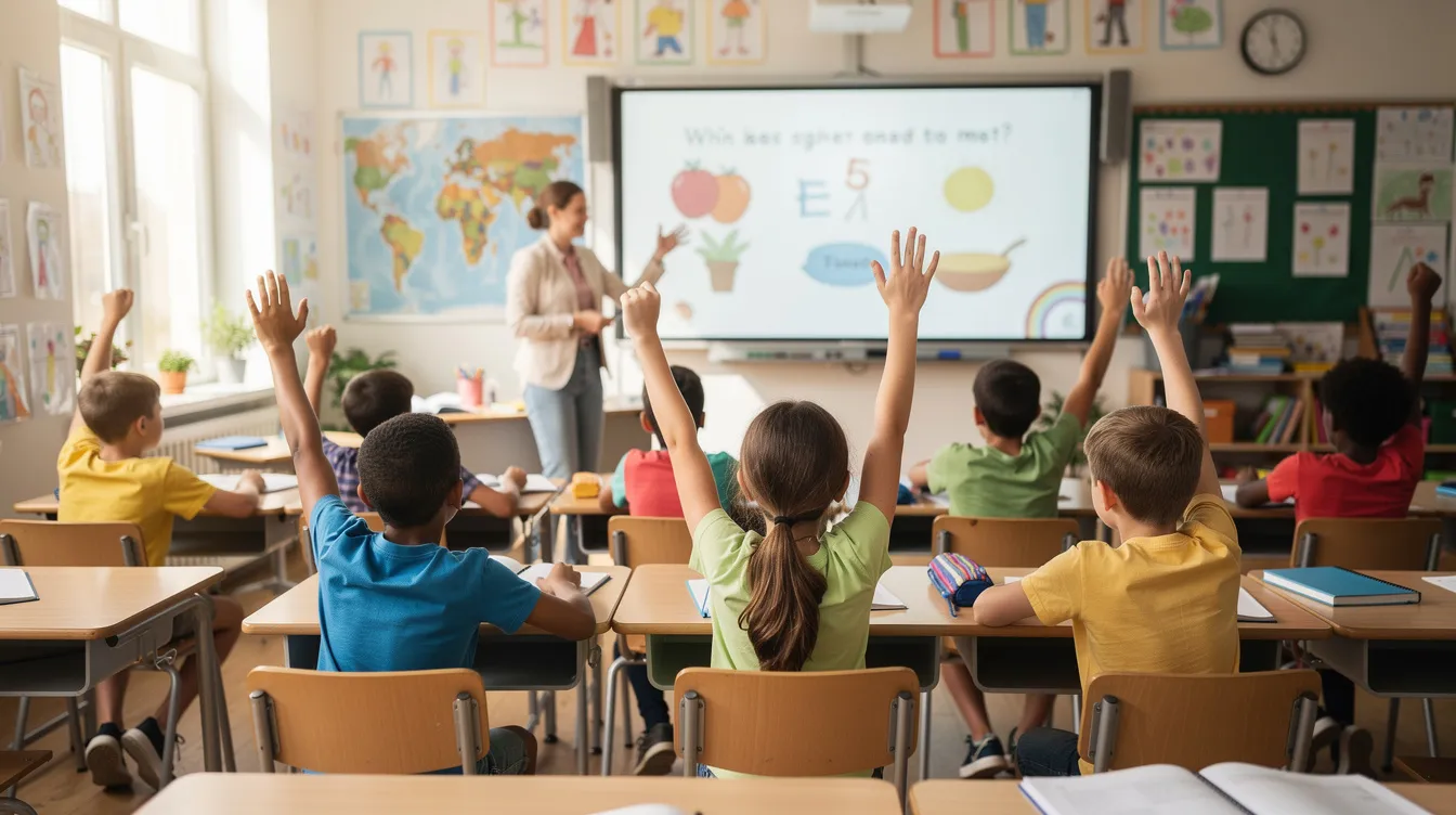 The image shows a vibrant classroom where children are actively participating in an interactive lesson, with many students raising their hands to engage in the discussion. This scene highlights student engagement and the importance of fostering critical thinking skills through collaborative learning and diverse teaching strategies.