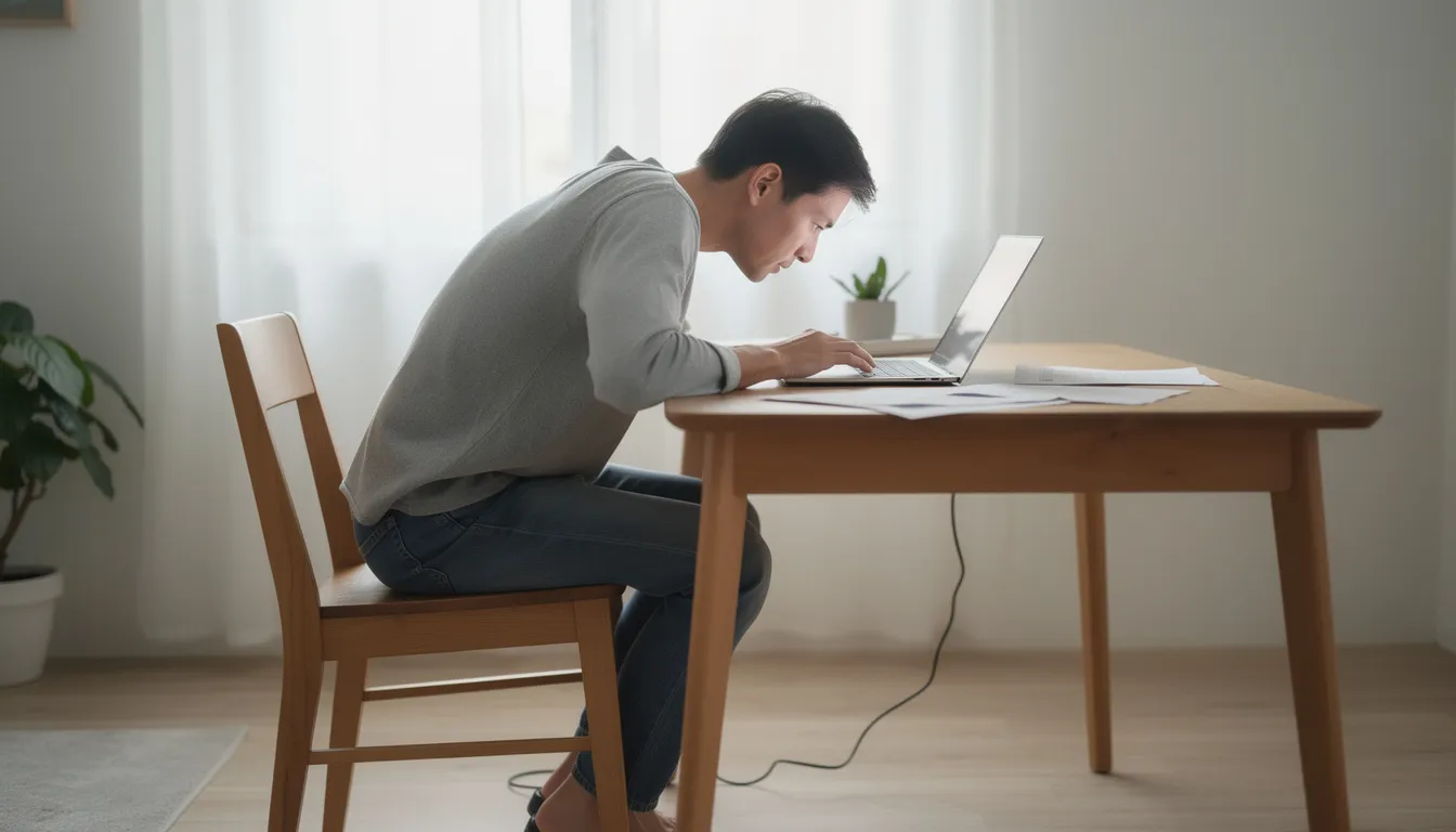 A person is sitting in a traditional flat-backed chair at a home desk, exhibiting poor posture with a slouched position while facing a computer screen. This uncomfortable seating arrangement can lead to back pain and musculoskeletal disorders due to prolonged sitting without proper lumbar support.