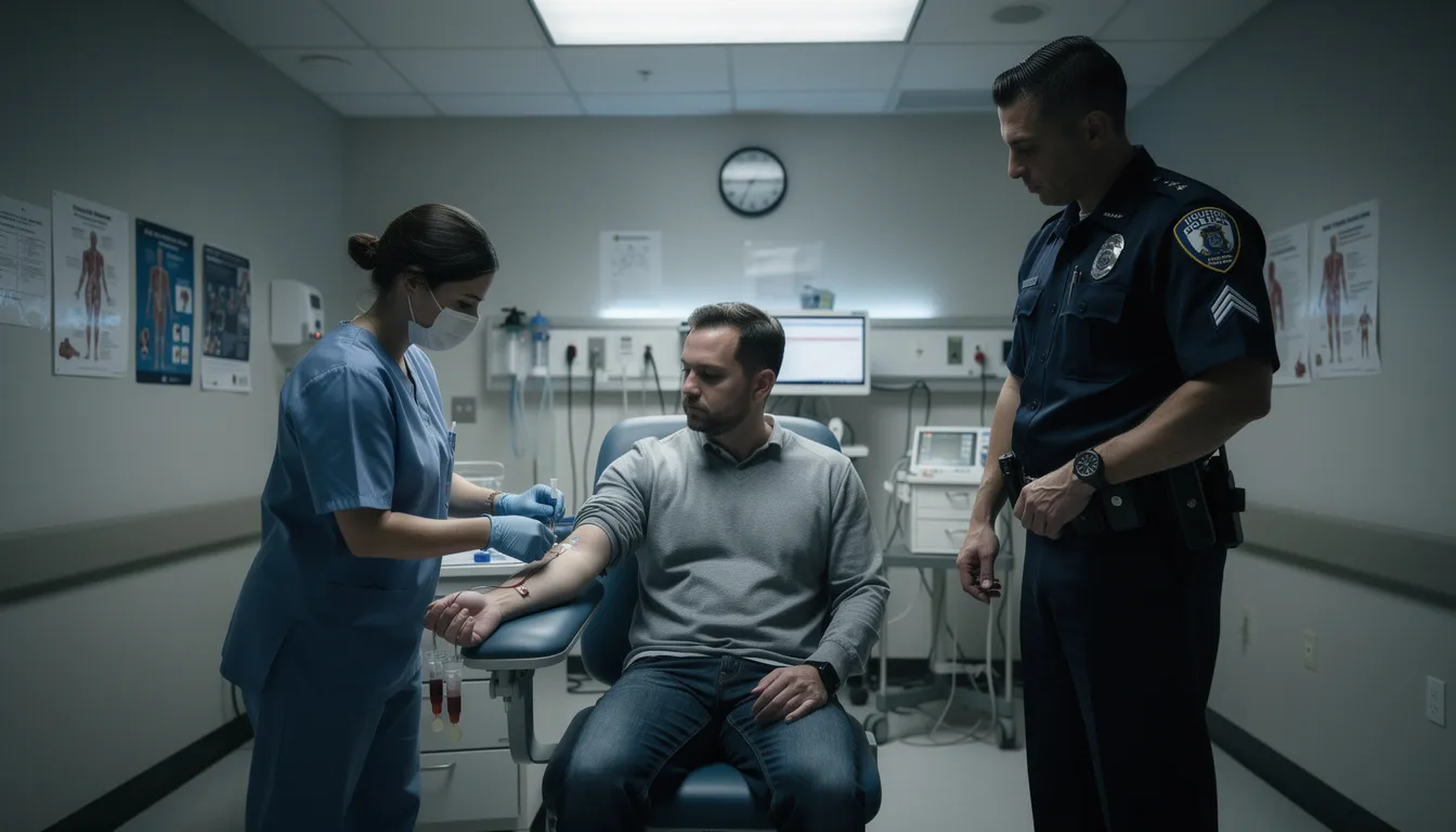 The image depicts a nurse drawing blood from a client arrested for DWI, with a Houston Police officer present in the room. This scene highlights the serious implications of impaired driving and the legal processes involved in assessing blood alcohol concentration in Texas.