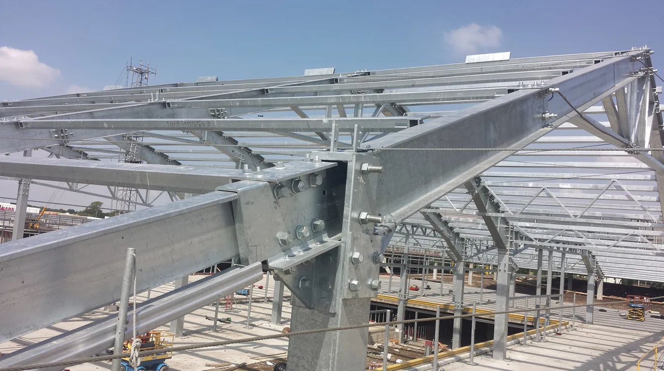 The image depicts a partially completed commercial roof structure featuring steel framing with exposed connections, highlighting the ongoing construction project. This visual emphasizes the importance of compliance with applicable codes and standards to avoid potential claims of professional negligence by architects and engineers involved in the project.