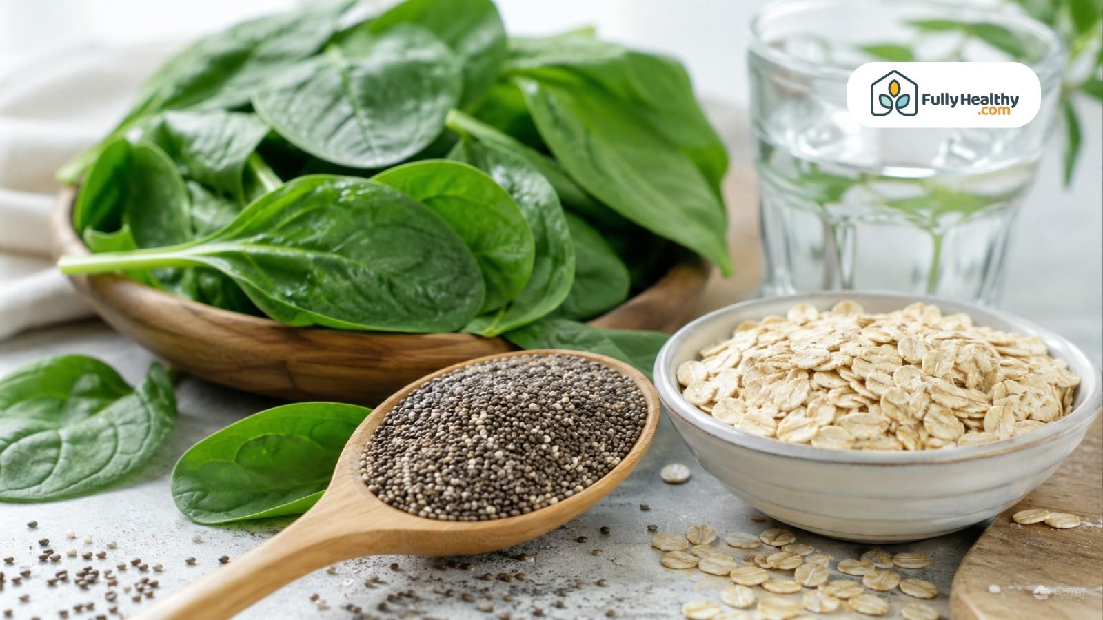 Fresh spinach leaves with chia seeds, oats, and water for fiber
